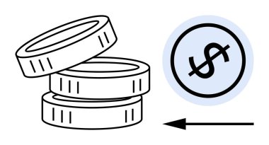Bir dolar işaretini gösteren yön işaretli bozuk paralar birikmiş. Tasarruf, işlem ve kârı destekleyen kavramlar öneriliyor. Finans, iş, yatırım, ticaret, ekonomi ticareti için ideal