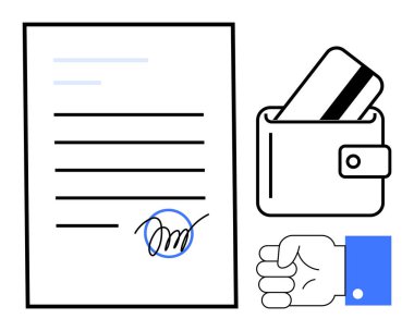 İmza işareti olan imzalı bir belge, kredi kartı tutan bir cüzdan ve sıkılmış bir el. Finans, iş anlaşmaları, sözleşme imzalama, yasal konular, finansal planlama müşterileri için ideal