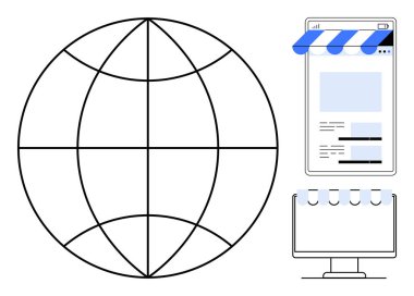 Küresel erişimi temsil eden dünya, uygulama arayüzlü akıllı telefon ve mağaza önü temalı masaüstü bağlantı, e-ticaret ve dijital piyasa temaları vurguluyor. Çevrimiçi iş için ideal
