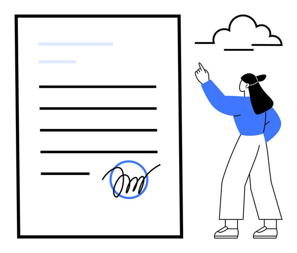 Woman gesturing towards signed document with clear signature. Ideal for business, agreement, contract, document approval, verification, legal framework, task achievement. Flat simple metaphor
