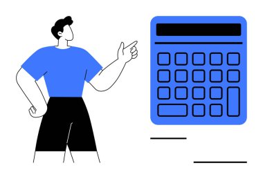 Adam kendinden emin bir şekilde büyük ölçekli hesap makinesini işaret ederek problem çözmeyi, finans, eğitim, analiz, planlama, bütçe hesaplamayı sembolize ediyor. Basit öğrenme stratejisi kavramları için ideal