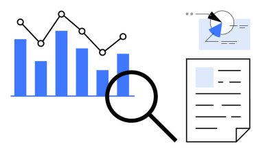 Bar grafiği, çizgi grafiği, büyüteç, pasta grafiği ve belge analizi, raporlamayı ve veri odaklı karar verme mekanizmasını temsil ediyor. İş ve pazarlama stratejisi eğitimi için ideal
