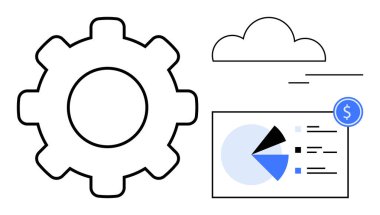 Dişlileri sembolize etme süreci, depolama için bulut ve turta ve çubuk elementleriyle finansal tablo iş analizi, para ve takım çalışmasını gösteriyor. Teknoloji, finans, analitik, yazılım için ideal