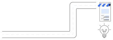 Tente ve ampul ile mağaza vitrinine çıkan kıvrımlı yol ilham, yenilik ve ilerlemeyi sembolize eder. Girişimcilik, strateji, iş planlaması, çevrimiçi varlık, yaratıcılık için ideal