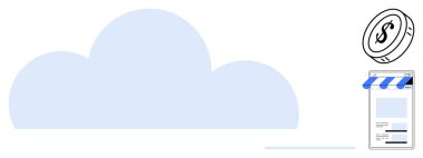 Bulut arkaplanı, tenteli dijital mağaza önü ve e-ticaret, bulut depolama ve çevrimiçi ödemeleri vurgulayan madeni para. Teknoloji, iş, çevrimiçi mağazalar, tasarruf veri fintech dijital için ideal