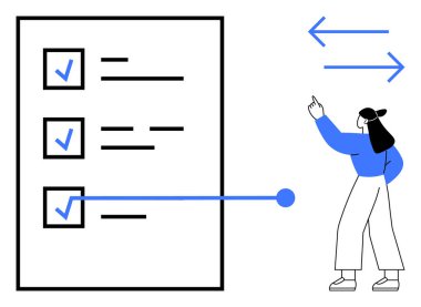 Mavi işaretli kontrol listesi, interaktif navigasyon hatları, oklar ve işaret eden kadın. Üretkenlik, organizasyon, görev akışı, ilerleme izleme, gündem planlama için ideal