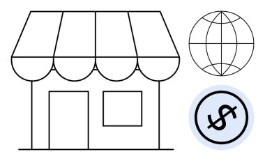 Minimalist mağaza ana hatları güneşlik, küresel ağı sembolize eden küresel ağ, ve finansal simgeyi simgeleyen dolar işaretleri. Ticaret, e-ticaret, ticaret, ekonomi, perakende küreselleşme yatırımları için ideal. Düz