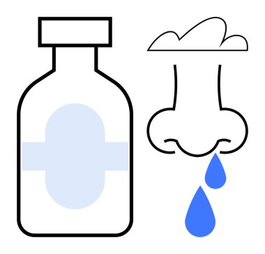 Burnundan damlayan mavi damlaların yanında çapraz logo olan ilaç şişesi. Sağlık, alerji, sinüs tedavisi, soğuk algınlığı, ilaç kullanımı, tıbbi iletişim ve sağlık için ideal. Düz basit