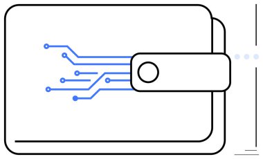 Mavi devreli cüzdan dijital para, finans ve elektronik işlemleri sembolize ediyor. Kripto para birimi, e-cüzdan uygulamaları, fintech, engelleme zinciri, güvenlik, çevrimiçi ödemeler için ideal