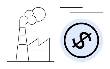 Çemberin içinde soyut dolar işareti olan duman yayan fabrika. Ekonomi için ideal, kirlilik, endüstri etkisi, sürdürülebilirlik, finans, çevre, maliyet. Asgari düz metafor