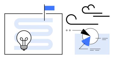 Dolambaçlı yolu olan bir ampul, mavi bayrak, pasta grafiği ve soyut çizgiler. Yaratıcılık, strateji, yenilik, amaç planlama analizi takım çalışması için idealdir. Asgari düz metafor