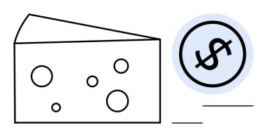 Kalın bir döviz sembolü olan bir dolarlık paranın yanında görünür delikler olan bir parça peynir. Finans, tasarruf, yatırım, bütçe, ekonomik tercihler, gıda üretimi, değer metaforları için ideal. Düz
