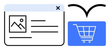 Bir alışveriş arabası simgesine resim ve metin aktarılan ürün detayları sayfası, çevrimiçi alışveriş, e-ticaret, sipariş işleme, çıkış, navigasyon kolaylığı ve dijital ticareti vurguluyor. İdeal