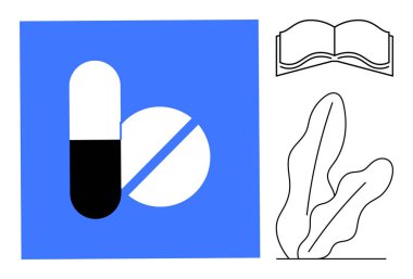 Mavi kare zemin üzerinde kapsül ve tablet açık kitap ve tek renkli bitki tasarımı. Tıp, eğitim, doğa, minimalizm, sağlık, yaratıcılık ve denge için idealdir. Düz