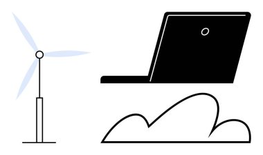Laptop ve bulutun yanında rüzgar türbini, sürdürülebilirliği, yeniliği ve dijital bağlantıyı simgeliyor. Teknoloji, çevre, yeşil enerji, bulut hesaplama, gelecek eğilimleri için ideal