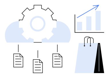 İçerideki teçhizat birden fazla belgeyi, bar çizelgesini yükselen trend ve alışveriş çantasıyla birleştiriyor. Teknoloji, bulut hesaplama, veri analizi, e-ticaret, iş çözümleri, iş akışı için ideal