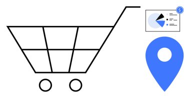 İnfografik pasta grafiği ve GPS işaretleyicili minimal el arabası e-ticaret analizleri, pazarlama, çevrimiçi alışveriş eğilimleri, tüketici alışkanlıkları, iş büyümesi ve pazar araştırmalarını ön plana çıkarıyor. Perakende satış için ideal