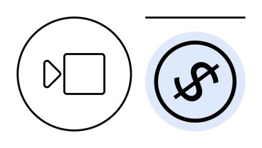 Mavi daire içindeki dolar işaretinin yanında video kamera simgesi ücretsiz video arama özelliklerini ifade eder. İletişim için ideal, işbirliği, teknolojik erişim, uygun fiyat, uygulama özellikleri, uzaktan kumanda
