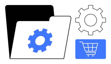 Dosya klasörünü vites simgesi, vites kutusu ve mavi alışveriş arabası ile aç. Teknoloji, e-ticaret, ayarlar, organizasyon, yazılım dijital iş veri yönetim temaları için idealdir. Düz basit