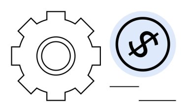 Mali verimliliği, gelişmeyi ve maliyet yönetimini gösteren vites ve dolar işaretleri. İş, finans, planlama, işlemler, optimizasyon, yenilik stratejileri için ideal