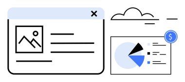 Veri analizi ve finansal büyümeyi gösteren resim, metin, bulut ögesi ve pasta grafiği içeren web tarayıcı penceresi. İş stratejisi, analitik, finans, web tasarımı, veri görselleştirme için ideal