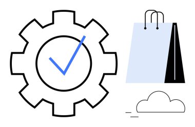 İşaretli vites optimizasyonu simgeler, alışveriş torbası perakendeciliği simgeler ve bulut çevrimiçi hizmetleri gösterir. E-ticaret, perakende, otomasyon, bulut hesaplama, lojistik, verimlilik için ideal