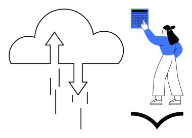 Dijital araçlara bağlı veri transferini temsil eden okları olan bir bulut. Kadın hesap makinesiyle etkileşimde. Teknoloji, veri yönetimi, bulut depolama, analitik, dijital ekonomi ve uzak çalışma için ideal