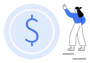 Sıradan giyinmiş bir kadın mavi bir çemberde bir dolar işaretine doğru işaret ediyor. Finans, yatırım, tasarruf, bütçe, başarı, ekonomik büyüme ve eğitim için ideal. Düz basit metafor