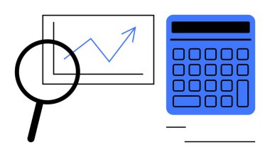 Büyütme camı büyüme grafiğini yukarı doğru ok ve mavi hesap makinesi ile analiz, finans ve bütçeyi sembolize ediyor. İş, veri, eğitim, raporlar, büyüme planlaması için ideal. Düz basit