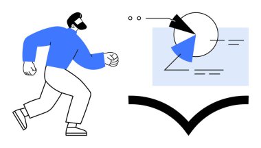 Verileri ve çizgileri olan dairesel çizelgelere ve geometrik desenlere doğru koşan bir adam. İlerleme, üretkenlik, hedef belirleme, analiz, veri odaklı kararlar, büyüme zihniyeti, düz basit metafor