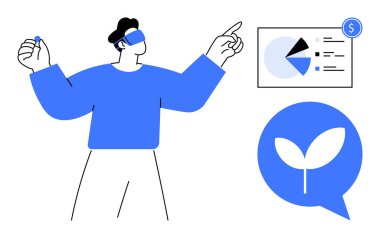 VR kulaklık takan adam analitik çizelgeye ekolojik bitki ikonuyla bakıyor. Yenilik, teknoloji, finans, sürdürülebilirlik, büyüme, eğitim ve sanal ilişki için ideal. Düz basit