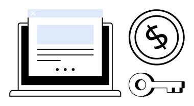 Erişim, güvenlik, e-ticaret, mali yönetim, çevrimiçi ödeme, veri koruması, düz bir metafor temasını destekleyen bir web sayfası, anahtar sembolü ve dolar simgesi içeren bir dizüstü bilgisayar
