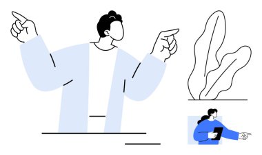 Farklı yönleri gösteren kendine güvenen bir birey, yanında yapraklı bir bitki ve tabletli daha küçük bir figür var. Liderlik için ideal, karar verme, takım çalışması, rehberlik, planlama