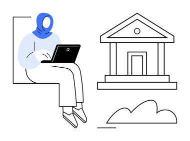 Dizüstü bilgisayarda yazı yazan tesettürlü kadın, bankacılık kurumu simgesi ve bulut, modern finans, fintech, çevrimiçi eğitim, uzaktan çalışma, dijital güvenlik, e-yönetim düz metaforu vurguluyor