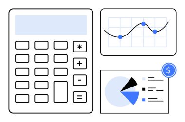 Grafiğin yanında veri noktaları olan bir hesap makinesi ve dolar amblemli bir pasta grafiği. Bütçe, muhasebe, mali planlama, veri analizi, iş stratejisi, yatırım içgörüleri, daire için ideal