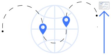 Küresel ızgara, iki konum işareti, kesik uçuş yolları, yukarı doğru ok, belge sembolü. Lojistik, küresel ulaşım, seyahat, navigasyon, teknolojik yenilik gelişimi için ideal düz bir metafor