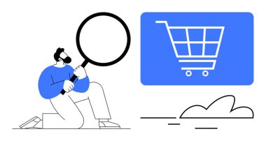 Elinde büyüteç tutan kişi dijital arabayı işaret ediyor. Alışveriş için ideal, çevrimiçi perakende, e-ticaret araştırması, iş stratejisi, pazar analizi, web arama optimizasyonu, düz basit metafor