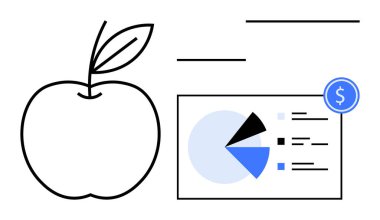 Apple ana hatları bir finansal pasta grafiği ve parasal ikon ile eşleştirildi. Beslenme, finans, sağlık izleme, eğitim, analitik, piyasa çalışması ve denge kavramları için idealdir. Düz basit metafor