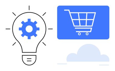 Teçhizatlı ampul, bir bulut üzerindeki dijital ekranda alışveriş arabasının yanında yeniliğe işaret eder. Teknoloji, e-ticaret, geliştirme, çevrimiçi alışveriş, bulut hesaplama, girişimcilik için ideal