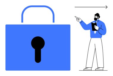 Elinde bir defter tutarken ileri bakan düşünceli profesyonelin yanında büyük mavi asma kilit sembolü. Siber güvenlik, gizlilik, veri koruması, güven, iş stratejisi, bilgi güvenliği için ideal