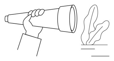 Teleskopu gözlem için kullanan el, yanında da soyut bitki şekilleri. Keşif, keşif, odaklanma, vizyon, gelecek planlama, gözlem hırsı için idealdir. Düz basit metafor