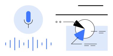 Ses dalgalı mikrofon simgesi ve okları ve veri hatları olan pasta grafiği. Teknoloji, iletişim, analitik, veri işleme, yapay zeka, ses analizi, dijital stratejiler için idealdir. Düz basit