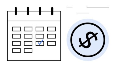 Bir tarihte mavi işaretli takvim dairesel bir dizaynda dolar işaretinin yanında. Zamanlama, ödeme planlama, bütçe, teslim tarihleri, finans organizasyonu, tasarruf, aylık hedefler için ideal. Düz