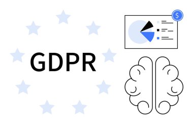 Yıldızlarla çevrili GDPR metni, bir beyin çizgisi ve finansal analiz çizelgesi. Gizlilik için ideal, veri koruması, yapay zeka etiği, düzenleyici uyum, finans teknisyeni, siber güvenlik dairesi basit