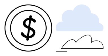 Maliye, dijital yenilik, bulut depolama, bağlantı, sürdürülebilirlik, tasarruf ve teknoloji kavramları için mavi ve siyah bulutlarla çevrili dolar işareti. Fintech ve bulut için ideal