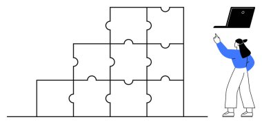 Kadın, dizüstü bilgisayarın yanında bulmaca parçası piramidi, planlama, takım çalışması, öğrenme, yenilik, hedef belirleme, liderlik ve yaratıcılığı temsil ediyor. Dairede sorun çözme temaları için ideal