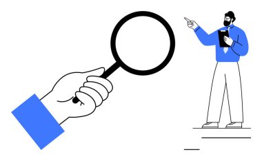 Elinde bir büyüteçle elinde elinde bir pano olan bir adam vardı. Araştırma, analiz, odaklanma, inceleme, liderlik, strateji, problem çözme için ideal. Düz basit metafor