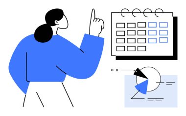 Vurgulanmış tarihlerle takvimi gösteren ve pasta grafiği verilerini analiz eden bir kadın. Zaman yönetimi, verimlilik, planlama, veri analizi, ofis işleri, organizasyon, karar verme için ideal. Düz