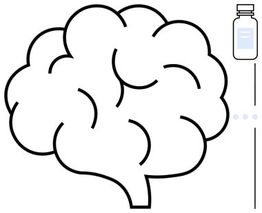 İlaç şişesiyle eşleştirilmiş bir beynin geniş bir özeti nörobilim, akıl sağlığı, tedavi, araştırma ve yenilik taşır. Sağlık, bilişsel, yapay zeka, bilim ilaçları psikolojisi için ideal