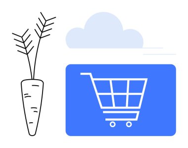 Bulutların arkasındaki mavi alışveriş arabasıyla birlikte online market alışverişini, sürdürülebilirliği, dijital ticareti, yiyecek dağıtımını, çevre dostu yaşam tarzını temsil ediyor. Perakende ve bulut hizmetleri için ideal